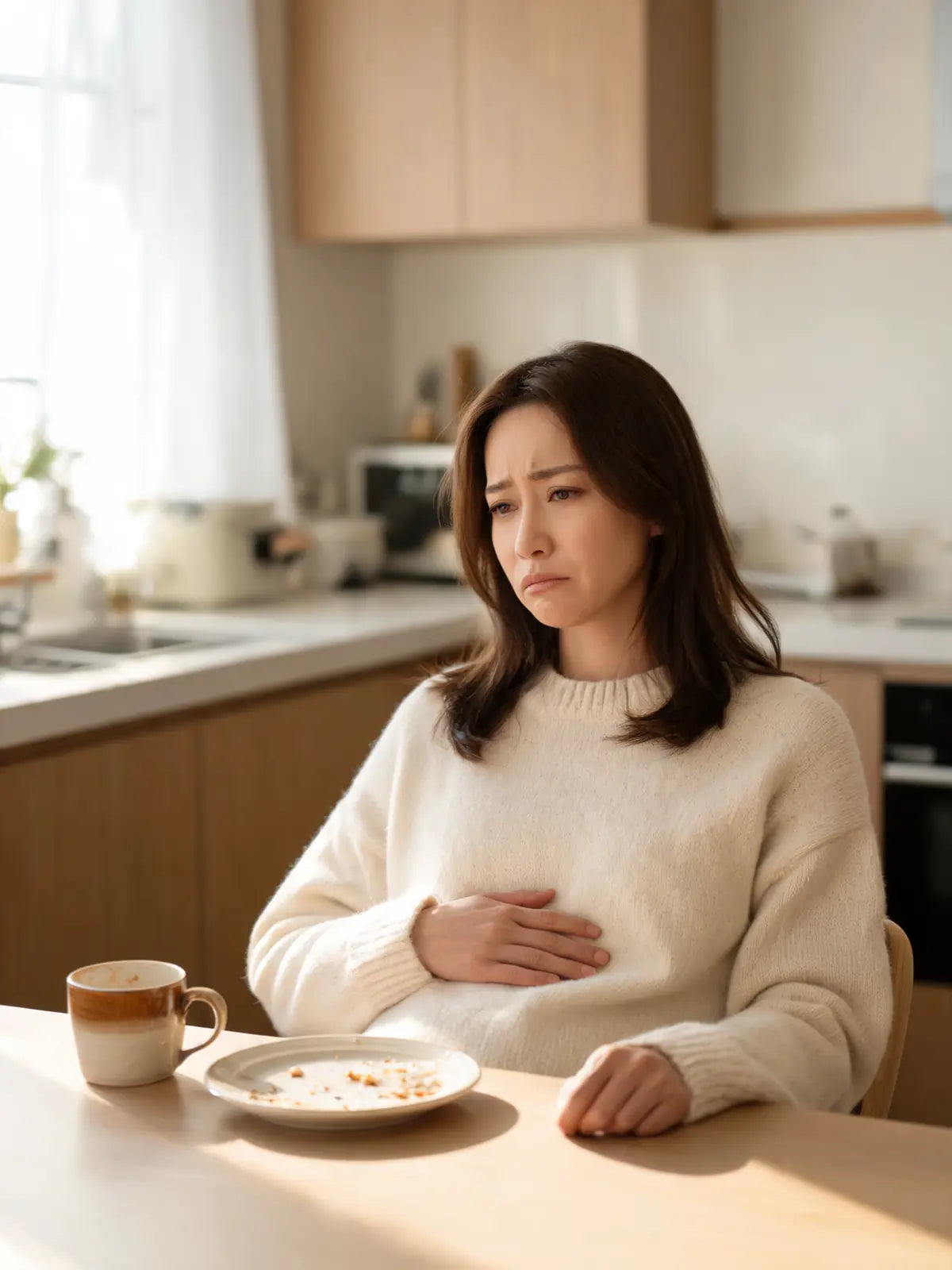 Woman resting her hand on her stomach at a kitchen table, feeling bloated after a meal