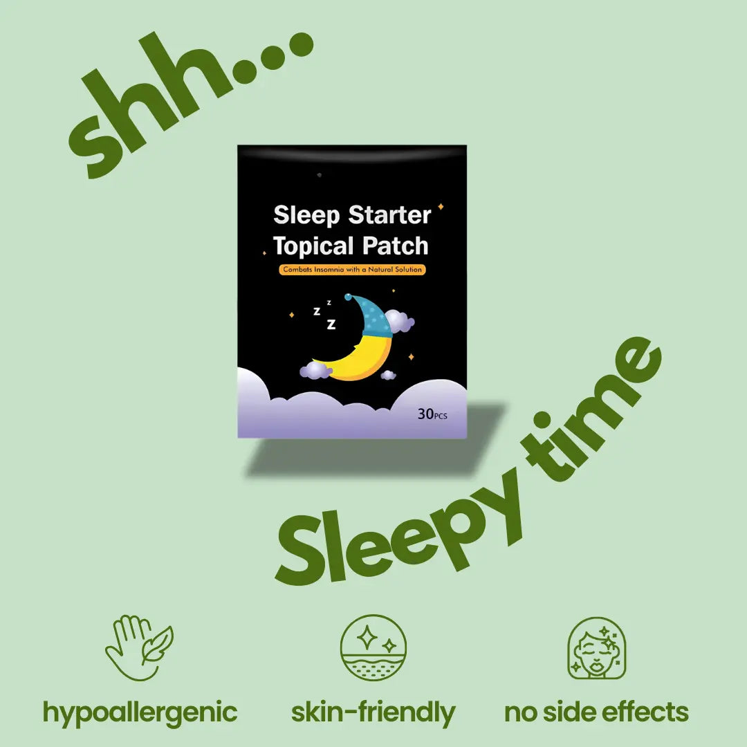 Sleep Starter Topical Patch pack with hypoallergenic, skin-friendly, and no side effects icons.