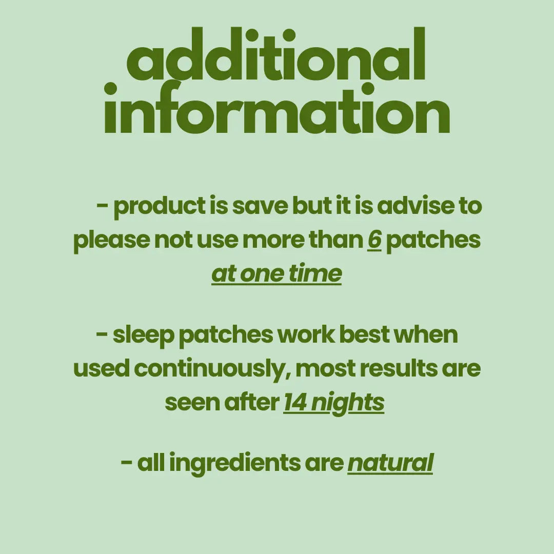 Details on patch usage: max 6 patches, best results after 14 nights, made with all-natural ingredients.