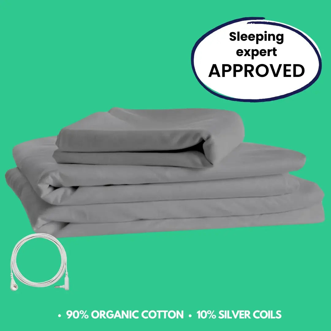 Stacked grounding bed sheets with plug and cable – 90% organic cotton, 10% silver coils, sleeping expert approved.