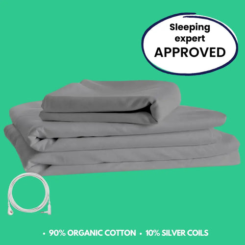 Stacked grounding bed sheets with plug and cable – 90% organic cotton, 10% silver coils, sleeping expert approved.