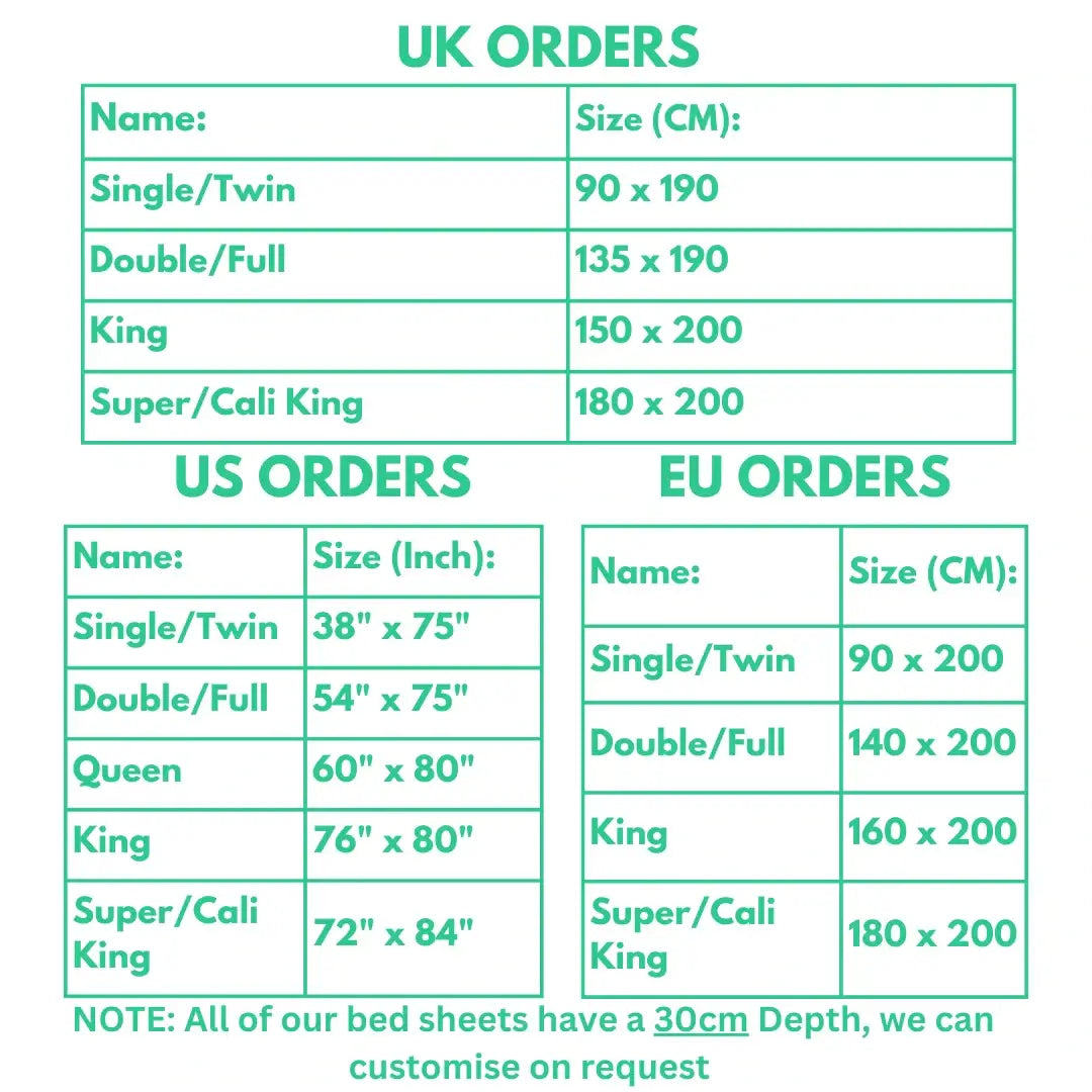 Grounding bed sheet size guide for UK, US, and EU mattress dimensions.