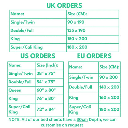 Grounding bed sheet size guide for UK, US, and EU mattress dimensions.