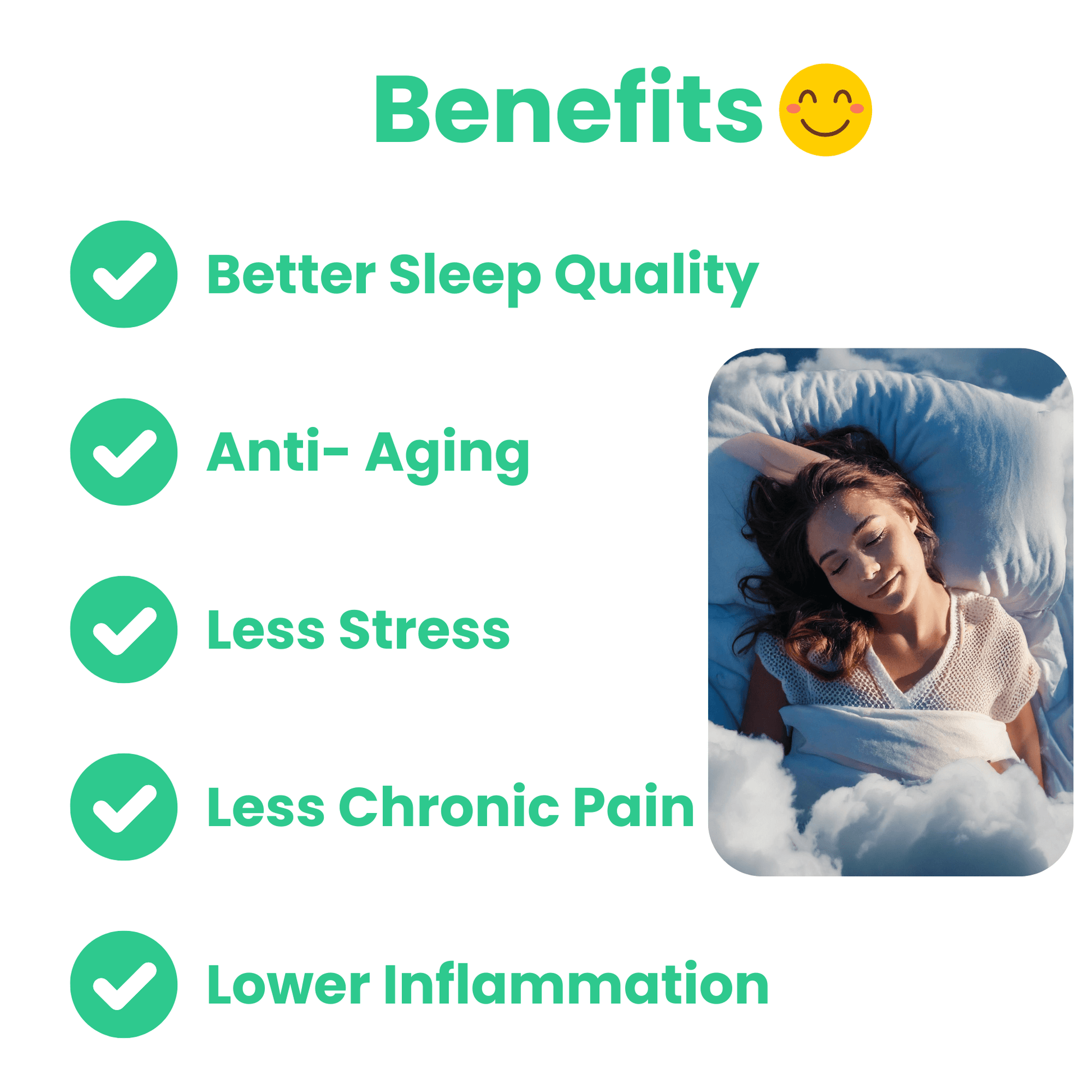 List of grounding benefits with icons: better sleep, anti-aging, less stress, chronic pain relief, and inflammation reduction.