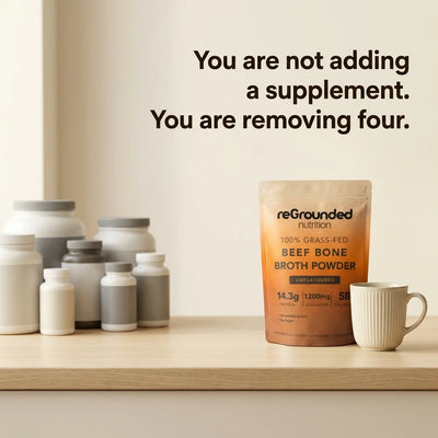 You are not adding a supplement, you are removing four: reGrounded bone broth pouch and mug beside a row of supplement tubs