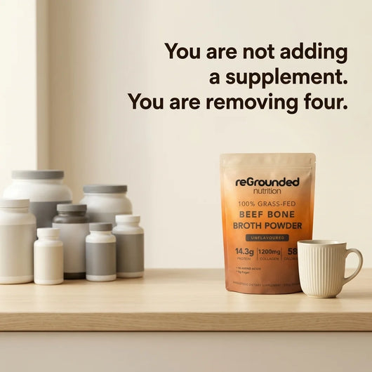 You are not adding a supplement, you are removing four: reGrounded bone broth pouch and mug beside a row of supplement tubs
