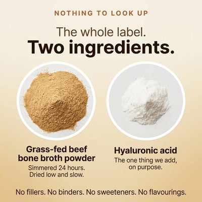 The whole label, two ingredients: grass-fed beef bone broth powder and hyaluronic acid, side by side