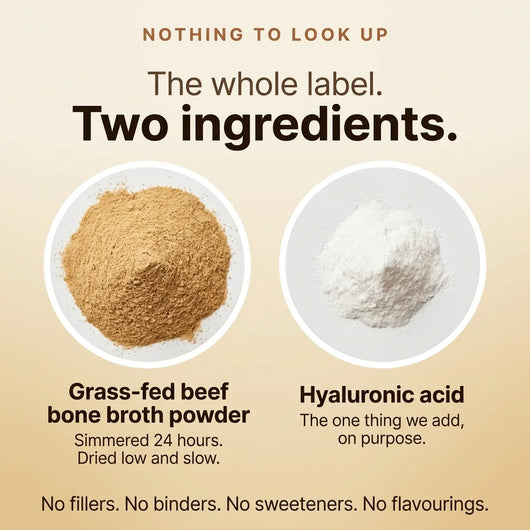 The whole label, two ingredients: grass-fed beef bone broth powder and hyaluronic acid, side by side