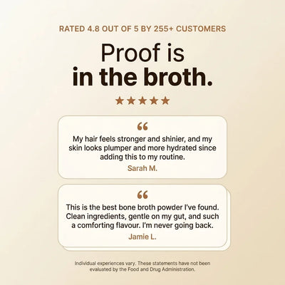 Proof is in the broth: two customer reviews of reGrounded bone broth powder, rated 4.7 out of 5 by 255+ customers