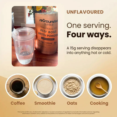One serving, four ways: unflavoured bone broth powder stirred into coffee, a smoothie, oats and cooking