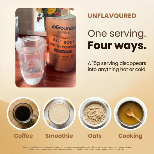 One serving, four ways: unflavoured bone broth powder stirred into coffee, a smoothie, oats and cooking